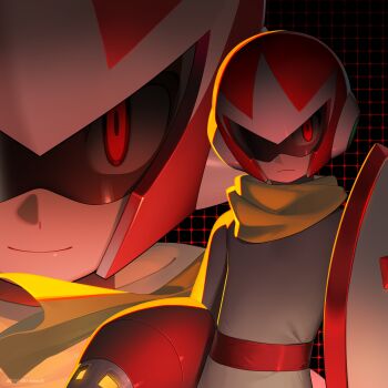 1boy absurdres arm_cannon assault_visor black_background bodysuit buzzsaw_(6631455) commission grey_bodysuit helmet highres holding holding_shield male_focus mega_man_(classic) mega_man_(series) multiple_views proto_man red_eyes red_helmet scarf shield simple_background smirk weapon yellow_scarf