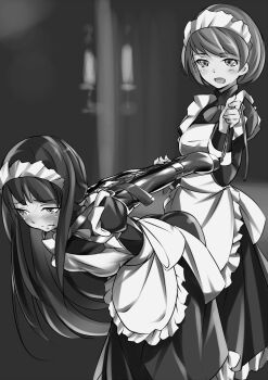 2girls apron armbinder arms_behind_back bdsm bent_over blush bondage bound bound_arms breasts female_focus femdom fumi11gou greyscale leash long_hair maid maid_apron maid_headdress monochrome multiple_girls open_mouth restrained short_hair smile strappado yuri