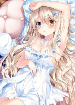 Rule 34 | 1girl, :o, arm up, armpits, bare arms, bare shoulders, beret, blue eyes, blush, breasts, brown hair, cleavage, commentary request, dress, female focus, frills, hair ornament, hairclip, hat, heterochromia, long hair, looking at viewer, luca (nogi takayoshi), lying, medium breasts, nogi takayoshi, on back, orange eyes, original, parted lips, pillow, sleeveless, sleeveless dress, solo, sweat, unworn hat, unworn headwear, very long hair, wavy hair, white dress