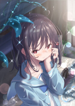 Rule 34 | 1girl, absurdres, ahoge, black hair, blue necktie, blue sailor collar, blue serafuku, blurry, blurry background, blush, closed mouth, collarbone, flat chest, from above, granblue fantasy, hair bobbles, hair ornament, hand on own chin, hand up, highres, light particles, long sleeves, looking at viewer, medium hair, necktie, rain, red eyes, sailor collar, school uniform, serafuku, solo, standing, ukiwakisen, upper body, vikala (event) (granblue fantasy), vikala (granblue fantasy), water drop, wet, wet clothes