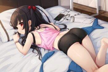 1girl absurdres ass black_hair black_shorts cellphone commentary comodox english_commentary hair_bobbles hair_ornament highres long_hair looking_at_viewer lulla_(comodox) lying on_stomach original paid_reward_available phone pillow red_eyes shorts solo