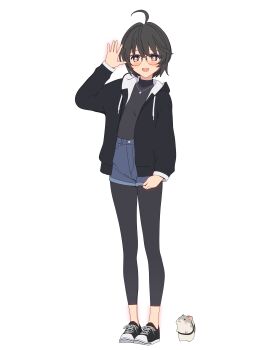 +_+ 1girl 3d absurdres ahoge arm_at_side black_hair black_hoodie black_leggings black_shirt black_shoes blender_(medium) blue_shorts blush bright_pupils brown_eyes cel_rendering cel_shading commentary_request flat_chest full_body glasses hamster hand_up highres hood hood_down hoodie jewelry leggings long_sleeves looking_at_viewer necklace no_socks open_clothes open_hand open_hoodie open_mouth pants rin_(rinrinne) rinrinne rinrinne39_(artist) shirt shoes short_hair shorts simple_background smile sneakers solo standing star_(symbol) star_necklace tachi-e transparent_background turtleneck virtual_youtuber white_pupils
