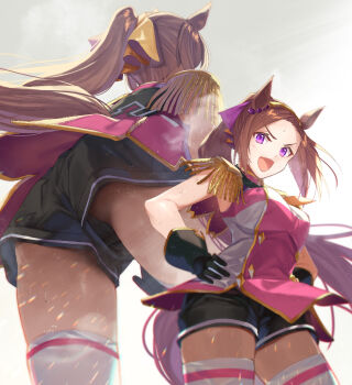 Rule 34 | 1girl, animal ears, ass, black gloves, black shorts, breasts, brown hair, commentary request, epaulettes, flower in eye, gloves, gold hairband, hairband, highres, horse ears, horse girl, horse tail, kabocha (monkey4), large breasts, long hair, looking at viewer, neckerchief, open mouth, ponytail, purple eyes, sakura bakushin o (blossom in learning) (umamusume), sakura bakushin o (umamusume), shorts, sleeveless, smile, symbol in eye, tail, thighhighs, umamusume, upshorts, white thighhighs, yellow neckerchief