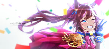 1girl animal_ears ascot blue_eyes blue_gloves blush bow brown_hair cape commentary_request crying ear_ribbon epaulettes gloves grin hair_between_eyes high_ponytail highres horse_ears horse_girl jacket long_hair long_sleeves looking_at_viewer multicolored_hair multicolored_jacket one_eye_closed open_mouth pink_ascot ponytail red_cape rshow single_epaulette smile solo streaked_hair tears teeth tokai_teio_(peak_joy)_(umamusume) tokai_teio_(umamusume) two-tone_hair two-tone_jacket umamusume upper_body v white_hair white_jacket