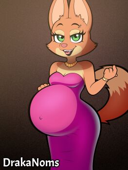 1girl animal animal_ears belly breasts commentary diane_foxington drakanoms english_commentary english_text eyelashes fox fox_ears fox_girl fox_tail furry green_eyes highres long_animal_ears long_tail pregnant tail the_bad_guys_(movie)