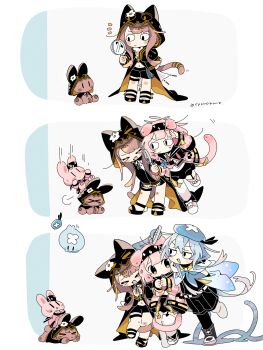 Rule 34 | 1boy, 2girls, animal ears, animal hood, arknights, black shorts, blue hair, brown hair, cat ears, cat hood, cat tail, choshanland plushy (arknights), commentary request, creator connection, garter straps, goldenglow (arknights), highres, hood, magnifying glass, mizuki (arknights), multiple girls, naguru (cyoroama), navel, pepe (arknights), pink hair, shorts, stuffed animal, stuffed rabbit, stuffed toy, tail, tentacles, thighhighs, white thighhighs
