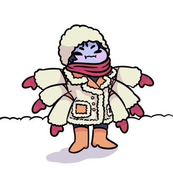 1girl arthropod arthropod_girl arthropod_limbs beanie black_eyes black_sclera blush boots bug chibi coat colored_sclera colored_skin extra_arms extra_eyes extra_pupils full_body gloves hat highres insect_girl jacket light_blush muffet no_pupils orange_boots patch patchwork_clothes pout purple_skin red_gloves red_scarf scarf shadow simple_background snow solo spider spider_girl squishing standing undertale utdr_(toby_fox) white_background white_jacket winter winter_clothes winter_coat winter_uniform