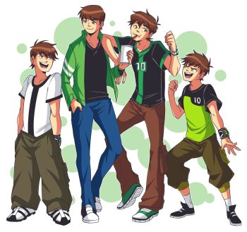1boy absurdres ben_10 ben_10:_alien_force ben_10:_omniverse ben_10:_ultimate_alien ben_10_(reboot) ben_tennyson brown_hair cup green_eyes hiffuu highres hood hoodie male_focus omnitrix shirt short_hair short_sleeves silhouette smile smoothie solo