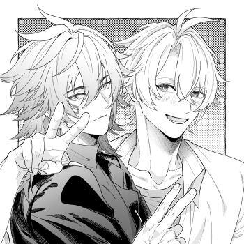 2boys alternate_costume antenna_hair ari_eos black_jacket black_shirt blush collared_shirt commentary_request facial_tattoo greyscale highres honkai:_star_rail honkai_(series) jacket looking_at_viewer male_focus medium_hair monochrome multiple_boys mydei_(honkai:_star_rail) parted_bangs phainon_(honkai:_star_rail) shirt short_hair tattoo turtleneck turtleneck_shirt v white_hair