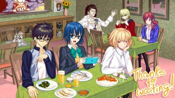 3boys 3girls ahoge annoyed arcueid_brunestud black_eyes black_hair blonde_hair blue_eyes brown_eyes brown_hair burning chalice chef_hat ciel_(tsukihime) claire_schlaikjer collared_shirt cup drink english_text food fork glasses green_eyes hat holding holding_drink holding_fork hood hoodie indoors jacket looking_at_another mario_gallo_bestino michael_roa_valdamjong multiple_boys multiple_girls neco-arc nintendo_switch noel_(tsukihime) nrvnqsr_chaos open_clothes open_jacket open_shirt pantyhose plate playing_games pout red_eyes restaurant school_uniform shirt short_hair sweater table tohno_shiki tsukihime tsukihime_(remake) turtleneck turtleneck_sweater white_shirt yumizuka_satsuki