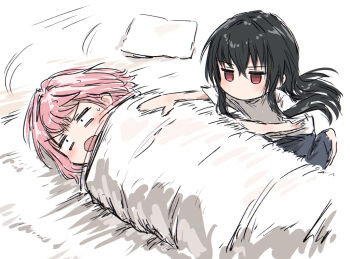 2girls afterimage amaori_renako black_hair blonde_hair blush commentary_request green_sweater_vest koto_satsuki long_hair multiple_girls open_mouth red_eyes rolling shirt short_hair sweatdrop sweater_vest v-shaped_eyebrows watashi_ga_koibito_ni_nareru_wake_naijan_murimuri! white_shirt wrapped_in_blanket yukitake_(xuserpost)