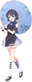 1girl :d above-cleavage_cutout bare_shoulders black_shirt black_shoes blue_eyes blue_hair blue_umbrella butterfly_hair_ornament chinese_clothes clothing_cutout double_bun floral_print floral_print_shoes flower_knot frilled_skirt frills full_body game_cg hair_bun hair_ornament hasu_no_sora_pop_up_shop_china_collection holding holding_umbrella link!_like!_love_live! looking_at_viewer love_live! mary_janes miniskirt murano_sayaka non-web_source official_alternate_costume official_art oil-paper_umbrella open_mouth print_shoes print_umbrella shirt shoes shoulder_cutout simple_background skirt smile socks solo tassel transparent_background umbrella virtual_youtuber white_skirt white_socks