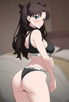 1girl absurdres armpit_crease ass back bedroom black_bra black_hair black_panties blacked_(phrase) blacked_female bra breasts brown_hair commission commissioner_upload cowboy_shot fate/stay_night fate_(series) from_behind hand_on_own_arm highres indoors light_frown looking_at_viewer looking_back lorddantesito medium_breasts panties race_fetishism solo sweatdrop tohsaka_rin two_side_up underwear underwear_only v-shaped_eyebrows wavy_mouth