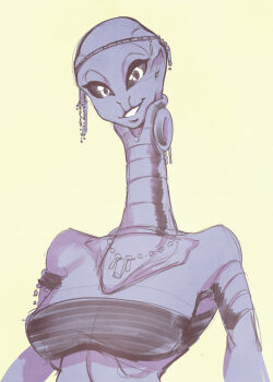 Rule 34 | 1girl, alien, armband, bead necklace, beads, black sclera, breasts, colored sclera, commentary, english commentary, greyscale, greyscale with colored background, headpiece, highres, jewelry, kaminoan, long neck, monochrome, neck ring, necklace, no humans, science fiction, sketch, small breasts, smile, solo, star wars, star wars: attack of the clones, strapless, taun we, tidywire, tube top, upper body, yellow background