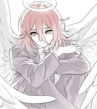 Rule 34 | 1boy, androgynous, angel devil (chainsaw man), angel wings, chainsaw man, closed mouth, collared shirt, commentary request, feathered wings, formal clothes, hair between eyes, halo, highres, hugging own legs, jacket, korean commentary, long hair, male focus, nagsu (narksuhaza), necktie, pale skin, pants, red eyes, red hair, shirt, solo, suit, suit jacket, traditional halo, upper body, white background, white shirt, white wings, wings