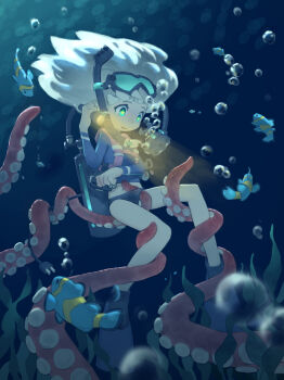 1girl absurdres aqua_eyes bk_(bkbbkbkk) borrowed_character bubble clownfish digitan_(porforever) electric_plug fish flashlight flippers goggles goggles_on_head highres holding holding_flashlight looking_down original oxygen_mask oxygen_tank peril restrained seaweed solo star-shaped_pupils star_(symbol) suction_cups symbol-shaped_pupils tail tentacles tentacles_under_clothes underwater white_hair worried