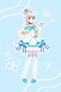 1girl 2v_iil3 animal_ear_hairband animal_ears aqua_bow arm_at_side arm_warmers bare_shoulders blonde_hair blue_background blue_bow blue_choker blue_crown blue_eyes blue_hairband blue_shoes blue_theme blunt_bangs blunt_ends blush bow bow_hairband brooch cat_ear_hairband cat_ears choker colored_petticoat commentary cosplay crown crown_earrings cure_nyammy cure_nyammy_(cosplay) dress dress_bow earrings fake_animal_ears floral_background frilled_arm_warmers frilled_dress frilled_thighhighs frills full_body hairband half_updo hand_up heart heart_brooch highres jewelry knees_together_feet_apart long_hair looking_at_viewer magical_girl medium_dress mini_crown multicolored_bow nekoyashiki_yuki off-shoulder_dress off_shoulder pact_holder parted_lips petticoat pouch precure self_cosplay shiny_cats_pact shoes solo standing striped_bow thighhighs tilted_headwear twitter_username white_arm_warmers white_bow white_dress white_thighhighs wonderful_precure! zettai_ryouiki