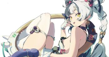 1girl bare_arms bare_shoulders braid dialyn_(zenless_zone_zero) lying on_back solo thighhighs white_background white_hair white_thighhighs zenless_zone_zero