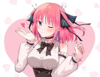 1girl black_bow black_choker black_ribbon blowing_kiss blue_eyes blue_nails blunt_bangs blush bow breasts butterfly_hair_ornament choker closed_mouth collar commentary frilled_collar frilled_sleeves frills go-toubun_no_hanayome hair_ornament hair_ribbon hands_up heart heart_background highres large_breasts long_sleeves looking_at_viewer nail_polish nakano_nino one_eye_closed pink_background pink_hair profnote ribbon shirt sidelocks simple_background solo two-tone_background two_side_up upper_body white_background white_shirt
