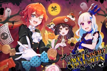 Rule 34 | 3girls, :<, :3, :d, alternate costume, ange katrina, animal ear hairband, animal ears, ascot, bandana, banken (inui toko), bilingual commentary, bird, black dress, black gloves, black hat, black jacket, blue eyes, blue hair, blurry, blush, breasts, brown hair, buttons, candy, cape, cleavage, cleavage cutout, clothing cutout, collared shirt, colored inner hair, commentary, creature on head, depth of field, double-breasted, dress, drop shadow, ears down, emoji, english commentary, epaulettes, eyepatch, fake animal ears, fake horns, fangs, food, frilled dress, frilled gloves, frills, full moon, ghost, gloves, gradient sky, group name, group picture, hair between eyes, hair intakes, hair ornament, hairband, halloween, halloween costume, happy halloween, hat, heterochromia, holding, holding polearm, holding telescope, holding unworn clothes, holding unworn hat, holding weapon, hook hand, horn hairband, horns, in hat, inui toko, jacket, jewelry, lize helesta, long hair, looking at viewer, mandragora, mandragora (ange katrina), mitsumine (ookami no oyashiro), mixed-language commentary, monocle, monocle chain, moon, multicolored hair, multiple girls, necklace, nijisanji, one eye closed, open mouth, orange sky, pirate costume, pirate hat, pleading face emoji, polearm, pumpkin hat, purple eyes, purple sky, rabbit ear hairband, rabbit ears, red bandana, red cape, red eyes, red hair, red hat, red shirt, sanbaka (nijisanji), sebastian piyodore, shirt, short hair, silhouette, sky, sleeveless, sleeveless dress, small breasts, smile, sweatdrop, telescope, throwing, top hat, triangle hair ornament, trident, two-tone hair, unworn hat, unworn headwear, very long hair, virtual youtuber, weapon, white ascot, white gloves, white hair, yellow bird, yellow eyes, yugamin (nijisanji)