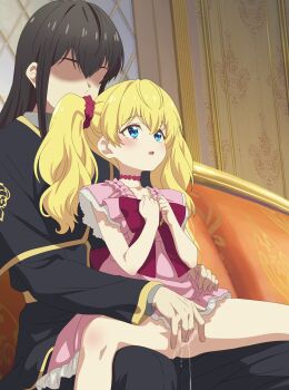 1boy 1girl absurdres age_difference athanasia_de_alger_obelia black_hair blonde_hair blue_eyes censored commentary_request dress eufoniuz faceless faceless_male fingering hetero highres loli lucas_(who_made_me_a_princess) mosaic_censoring pink_dress pussy pussy_juice short_hair sitting twintails who_made_me_a_princess