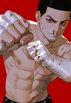 1boy abs bandaged_hand bandages black_eyes black_hair blood blood_on_body blood_on_hand boxing clenched_hand closed_mouth commentary_request facial_hair goatee_stubble golden_kamuy highres looking_at_viewer male_focus montutu_yupii navel nipples nosebleed outstretched_arms pectorals red_background scar scar_on_stomach short_hair simple_background solid_eyes solo stubble tsukishima_hajime upper_body very_short_hair