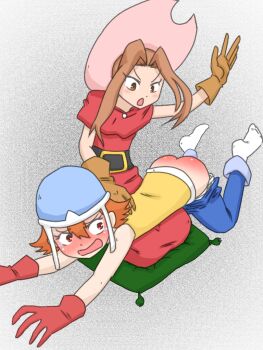 Rule 34 | 2girls, ass, blush, butt crack, denim, digimon, digimon adventure, jeans, multiple girls, orange hair, pants, pinkiri (jawking), spanked, spanking, tachikawa mimi, takenouchi sora