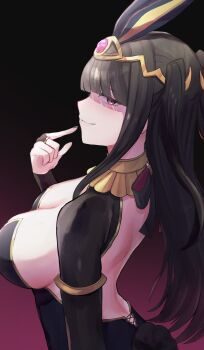1girl alternate_costume animal_ears black_hair black_leotard breasts breasts_day bridal_gauntlets closed_mouth fake_animal_ears fake_tail fire_emblem fire_emblem_awakening from_side good_breasts_day highres large_breasts leon0630claude leotard long_hair looking_at_viewer nintendo playboy_bunny rabbit_ears rabbit_tail smile solo strapless strapless_leotard tail tharja_(fire_emblem) twintails
