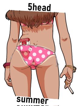 1girl ass ass_focus bikini bracelet brown_hair cigarette cigarette_pack commentary contrapposto corrupted_twitter_file death_by_lolis deko_(death_by_lolis) dimples_of_venus english_commentary english_text from_behind highres holding holding_cigarette jewelry lower_body original pink_bikini polka_dot polka_dot_bikini scrunchie side-tie_bikini_bottom solo swimsuit tan tanline wrist_scrunchie