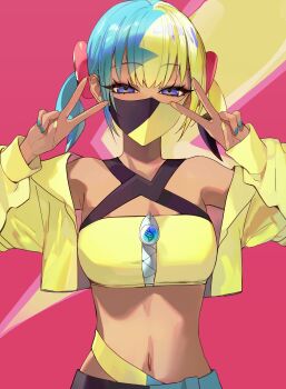 1girl absurdres bandeau blue_eyes canari_(pokemon) commentary cropped_jacket double_v eyelashes hands_up highres jacket kanniiepan long_sleeves looking_at_viewer mask mouth_mask multicolored_hair nail_polish navel nintendo pants pokemon pokemon_legends:_z-a short_twintails solo twintails v yellow_bandeau yellow_jacket zipper zipper_pull_tab