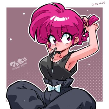 1girl braid genderswap genderswap_(mtf) hairdressing no_bra pants pink_eyes pink_hair ranma-chan ranma_1/2 saotome_ranma single_braid solo tank_top