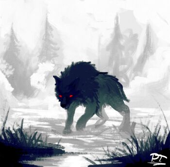 absurdres animal_focus glowing glowing_eyes grass highres jpt_arts link looking_at_viewer nintendo red_eyes signature solo the_legend_of_zelda the_legend_of_zelda:_twilight_princess tree wolf_link