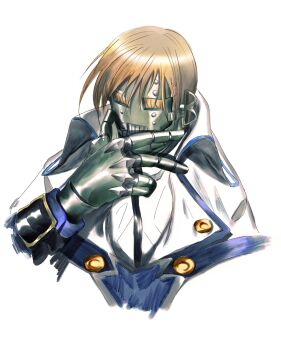 1boy blonde_hair buttons clothed_robot coat commentary_request cropped_torso guilty_gear hand_on_own_chin hand_up high_collar highres humanoid_robot long_sleeves male_focus metal_skin portrait robo-ky robot short_hair simple_background solo storyteller777 white_background white_coat yellow_eyes