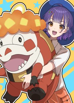 1girl absurdres ahoge blue_hat collared_shirt commentary_request crocalor crossover eyelashes hat highres holding holding_pokemon looking_at_viewer nanase_suzuna nijisanji nintendo open_mouth orange_eyes outline pokemon pokemon_(creature) purple_hair shirt star_(symbol) totoki_(omiya-83) virtual_youtuber white_outline white_shirt