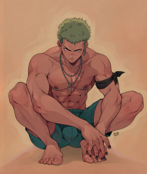 Rule 34 | 1boy, abs, armband, artist name, bara, barefoot, black armband, boxers, bulge, commentary, earrings, english commentary, green hair, green male underwear, jewelry, looking at viewer, male focus, male underwear, muscular, muscular male, nail polish, necklace, nipple piercing, one piece, paid reward available, pectorals, piercing, roronoa zoro, scar, scar on chest, scar on stomach, still evvi (evviart), topless male, underwear