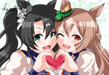 Rule 34 | 2girls, :d, ;d, animal ears, black hair, braid, brown eyes, brown hair, ear ornament, ear through crown, green eyes, hair between eyes, half up braid, heart, heart hands, heart hands duo, horse ears, horse girl, jacket, kamitsuki shion, long hair, long sleeves, looking at viewer, multicolored hair, multiple girls, official alternate costume, one eye closed, open mouth, pendant choker, satono crown (umamusume), satono diamond (umamusume), side ponytail, signature, smile, starting future (umamusume), streaked hair, umamusume, upper body, white hair, white jacket