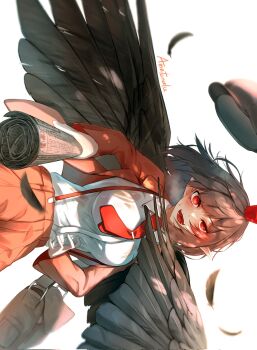 1girl ametonalu bag black_wings breasts brown_hat brown_jacket brown_shorts flat_cap hat highres holding holding_newspaper jacket large_breasts looking_at_viewer messenger_bag necktie newsboy_cap newspaper notebook pointy_ears red_necktie shameimaru_aya shameimaru_aya_(newsboy) shorts shoulder_bag smile solo suit_jacket tengu tie_clip tokin_hat touhou wings