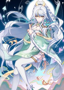 1girl absurdres blue_pupils braid breasts chinese_commentary cleavage closed_mouth commentary_request crescent crescent_hair_ornament ellox full_moon fur_trim genshin_impact hair_ornament high_ponytail highres jewelry long_hair long_sleeves looking_at_viewer moon ponytail smile solo thighhighs v very_long_hair weapon white_hair white_thighhighs wide_sleeves yellow_eyes zibai_(genshin_impact)