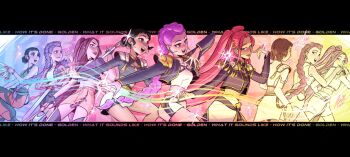 Rule 34 | 3girls, bare shoulders, black jacket, body markings, braid, braided ponytail, crop top, double bun, dutch braided ponytail, earpiece, earrings, hair bun, highres, holding, holding weapon, huntrix, jacket, jewelry, kpop demon hunters, mira (kpop demon hunters), multiple girls, pink hair, purple hair, rumi (kpop demon hunters), short bangs, skirt, sleeveless, sp ace bar, weapon, white jacket, zoey (kpop demon hunters)