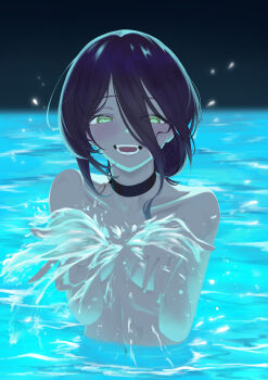 absurdres black_choker blue_hair breasts chainsaw_man choker getsukiba green_eyes grenade_pin hair_between_eyes highres long_hair_between_eyes looking_at_viewer nude open_mouth partially_submerged pool reze_(chainsaw_man) small_breasts splashing teeth water
