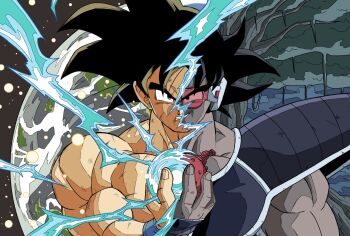 2boys armor black_armor black_eyes black_hair dark-skinned_male dark_skin dragon_ball dragonball_z earth_(planet) energy_ball food fruit genki_dama highres holding holding_food holding_fruit male_focus medium_hair multiple_boys muscular muscular_male onigiri_debu planet saiyan_armor scouter son_goku spiked_hair topless_male trait_connection tullece upper_body