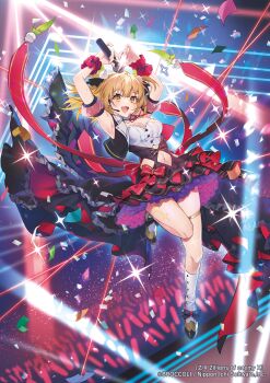 1girl absurdres armpits blonde_hair breasts cana_(z/x) cleavage clothing_cutout concert confetti glowstick hair_ornament headset highres holding holding_microphone idol_clothes konatsu_hare long_hair microphone navel navel_cutout official_art open_mouth pom_pom_(clothes) pom_pom_hair_ornament solo sparkle sweatdrop thigh_strap two_side_up z/x
