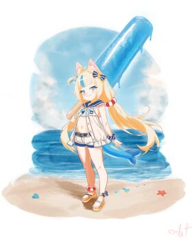 1girl absurdres animal_ears beach blonde_hair blue_eyes cat_ears fang faux_traditional_media fins fish_tail flatculture food full_body guts_cosplayer_holding_giant_dragonslayer_(meme) highres holding holding_weapon indie_virtual_youtuber looking_at_viewer meme navel oversized_food oversized_object popsicle sameko_saba sandals scrunchie shorts skin_fang smug standing tail twintails virtual_youtuber weapon