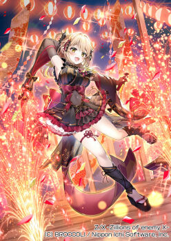1girl armpits blonde_hair cana_(z/x) concert confetti copyright_notice covered_navel detached_sleeves fang feathered_wings geta green_wings hair_ornament highres holding holding_microphone japanese_clothes kimono kimono_skirt lantern long_hair microphone mini_wings night night_sky official_art okanoyuno open_mouth outdoors paper_lantern sky socks solo sparkle two_side_up white_socks wings yellow_eyes z/x