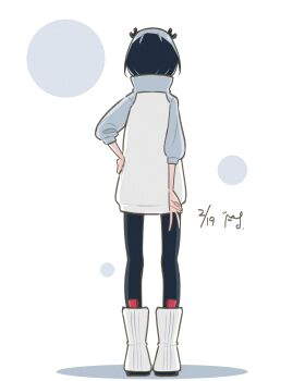 1girl absurdres black_hair black_pantyhose boots commentary_request dated from_behind full_body grey_sweater hand_on_own_hip highres jitomi_monoe magnet pantyhose sasso64 short_hair signature simple_background solo standing sweater two-tone_sweater v virtual_youtuber voms white_background white_boots white_sweater