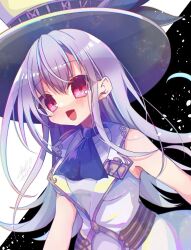 Rule 34 | 1girl, bare shoulders, blue necktie, breasts, emil chronicle online, hat, highres, jacket, kamishibaiya iris, leotard, long hair, medium breasts, necktie, open mouth, red eyes, satsuki atan, upper body, white hair, white hat, white jacket, white leotard