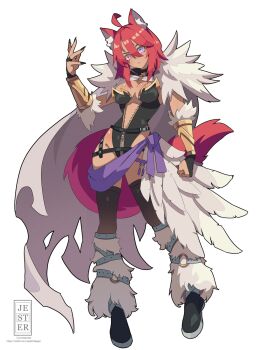 1girl ahoge animal_ear_fluff animal_ears bare_shoulders belt black_choker black_thighhighs boots breasts bridal_gauntlets cape choker cleavage closed_mouth dark_skin full_body fur_collar fur_trim hair_between_eyes heterochromia highres jesternalagon leotard long_hair looking_at_viewer medium_breasts nail_polish original pink_eyes purple_eyes red_hair solo standing tail thighhighs very_long_hair white_background wolf_ears wolf_tail zipper zipper_leotard