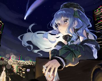 1girl absurdres apple_juice ayeon beret black_hat blue_hair building city city_lights closed_mouth comet earrings floating_hair green_ribbon hat highres holding_juice_box hololive hoshimachi_suisei hoshimachi_suisei_(casual) jewelry juice juice_box long_hair long_sleeves looking_ahead night night_sky official_alternate_costume ribbon sky solo virtual_youtuber wind yellow_eyes