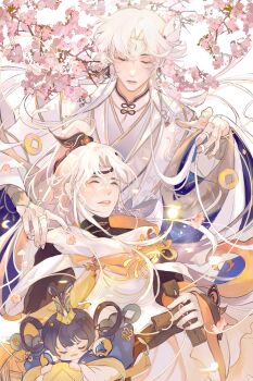 1girl 2boys black_hair black_headband black_shirt blue_robe cherry_blossoms chinese_clothes chinese_commentary closed_eyes closed_mouth coin commentary_request control_bar corsage cowboy_shot curtained_hair earrings facial_mark facing_viewer feather_hair_ornament feathers fingernails flower forehead_mark hair_ornament hair_rings half_updo hanfu headband high_ponytail highres holding holed_coin hua_yi_shanxin_zhiyue jewelry jiang_xing light_particles ling_xi long_hair long_sleeves lying_on_person male_focus mini_person minigirl mismatched_earrings multiple_boys orange_scarf pankou parted_bangs parted_lips pink_flower ponytail puppet puppet_rings puppet_strings qiya570161 ring robe sash scarf shirt string_around_finger turtleneck turtleneck_shirt two-sided_scarf two-sided_sleeves waist_sash white_background white_hair white_hanfu white_robe white_scarf white_shirt wide_sleeves yang_xiao_long