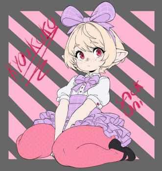 1girl :&lt; apron artist_name black_shoes blonde_hair character_name closed_mouth commission eyebrows_hidden_by_hair final_fantasy final_fantasy_xiv flat_chest freckles from_side full_body hair_ribbon highres lalafell looking_at_viewer neck_ribbon pantyhose pink_pantyhose pointy_ears polka_dot polka_dot_pantyhose purple_apron purple_ribbon red_eyes ribbon sackoni shirt shoes short_hair sitting solo wariza warrior_of_light_(ff14) white_shirt